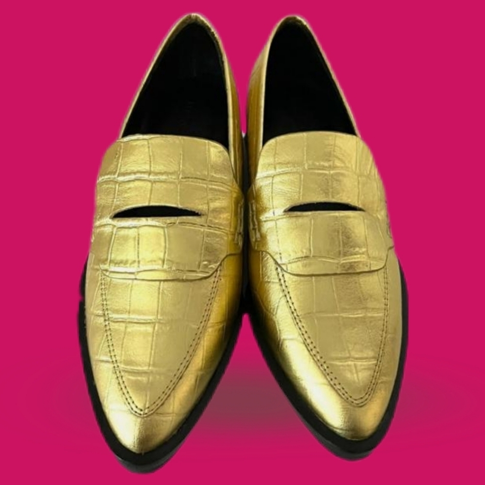REBECCA MINKOFF Pacey Gold Penny Loafer Leather Croc Embossed Women's Size 8.5 - Picture 3 of 13